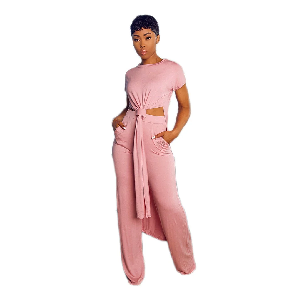 New Arrival Fashion Design two pieces  Sexy Women Set Solid O-neck Long Top  And  Long Pants  Summer  Outfits - Deanwangkt