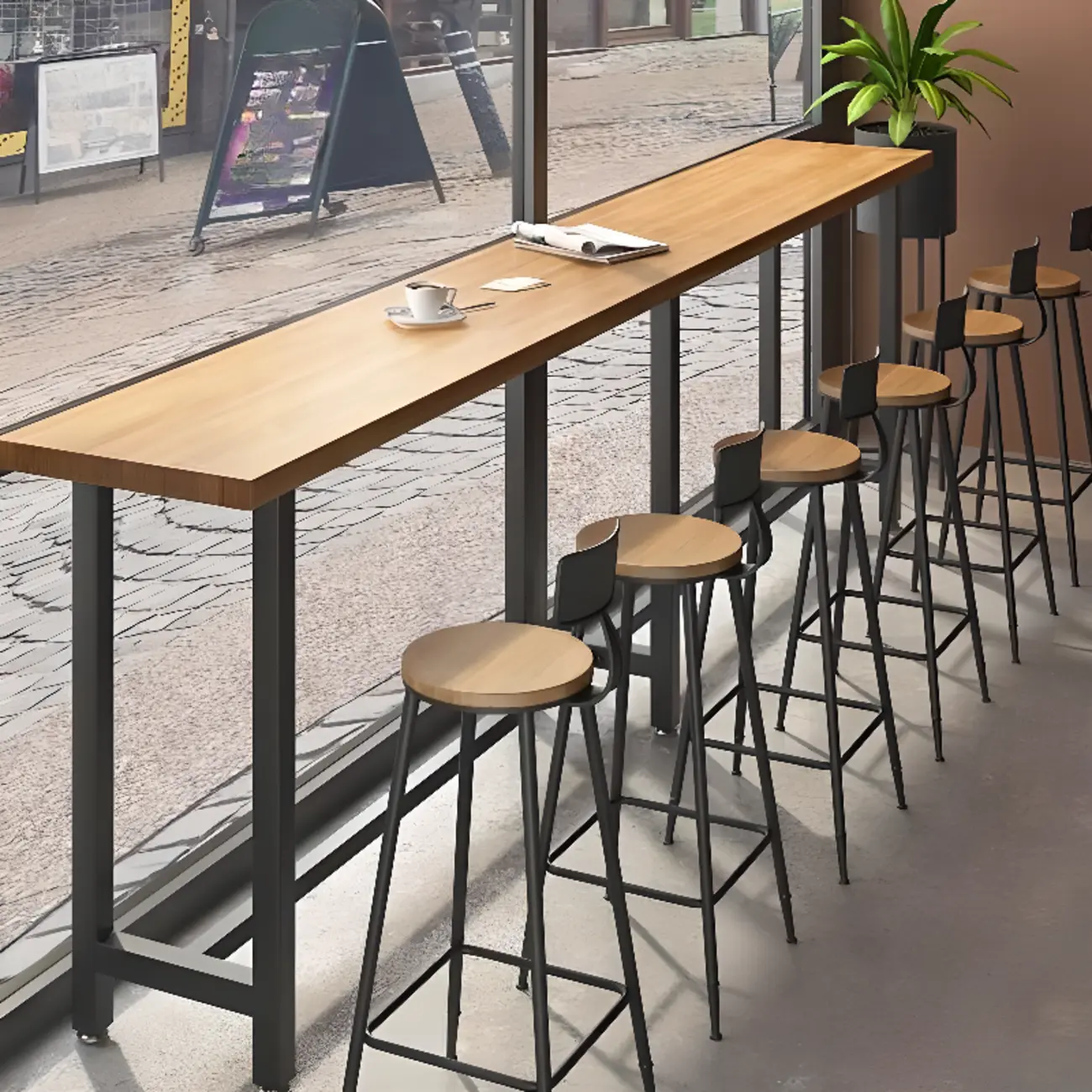 Natural Finish Rectangular Wood Metal Long Trestle Bar Table