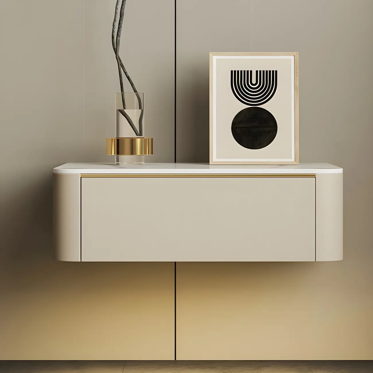 Low Beige Leather Stone Top Floating Nightstand with Drawer