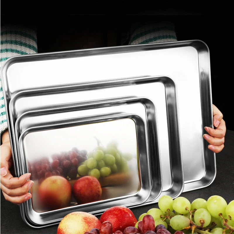 HULIANFU Stainless Steel Food Storage Trays Rectangle Steamed Sausage Fruit Pans Water Bread Kitchen Baking Shallow Dish Serving Plate - Deanwangkt