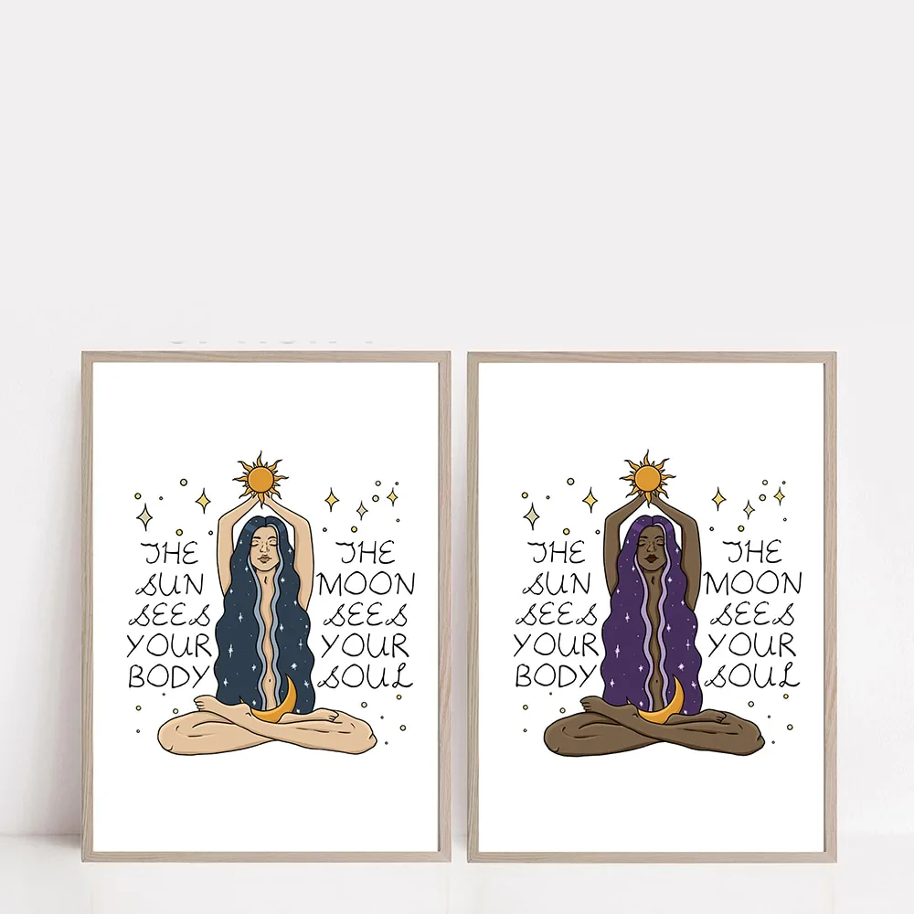 HULIANFU Nordic Style Feminine Posters and Prints Female Celestial Wall Art Sun Moon Body Soul Wall Pictures for Living Room Home Decor - Deanwangkt