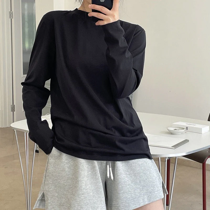 Hulianfu Summer Women's Casual Solid Color Round Neck Long Sleeve Loose T-Shirt - Deanwangkt