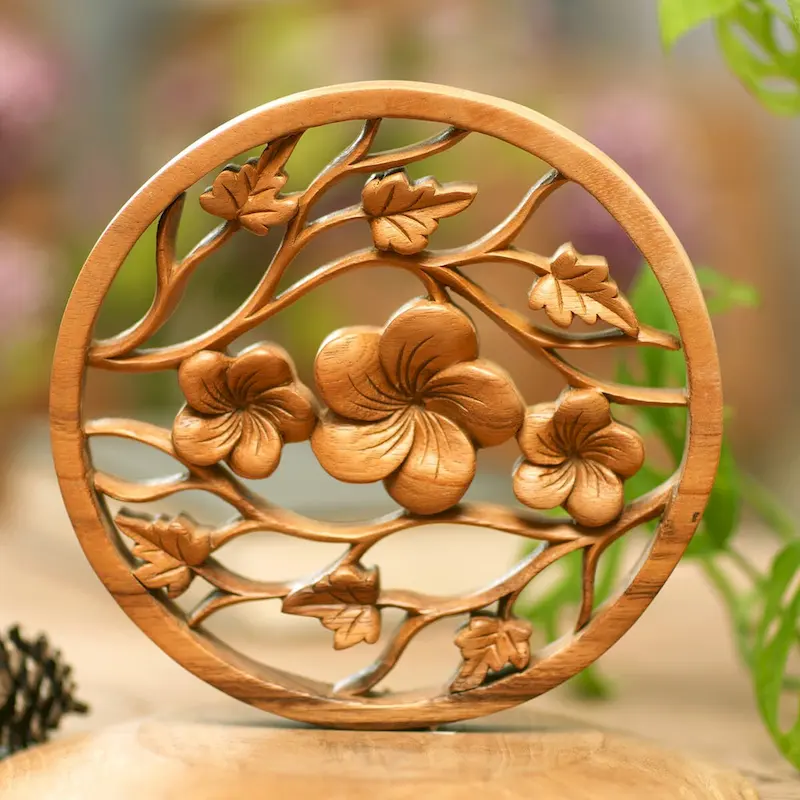 Novica Handmade Frangipani Trio Wood Relief Panel