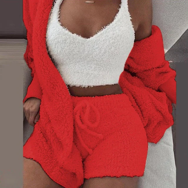 Three Piece Sexy Fluffy Outfits Plush Velvet Hooded Cardigan Coat+Shorts+Crop Top Women Tracksuit Sets Casual Sports Sweatshirt - Deanwangkt