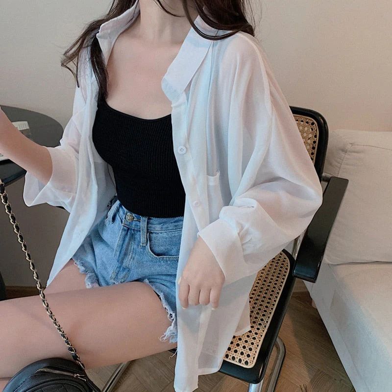 Hulianfu Shirts Women Sun Protection Loose All-match Summer Korean Style Casual Solid Tops Fashion Simple Chic Outerwear Thin Baggy Soft - Deanwangkt