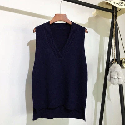 Autumn Women's Sweater Vest V-neck Sleeveless Irregular Casual Loose Knitted Pullover Tops Female Outerwear - Deanwangkt
