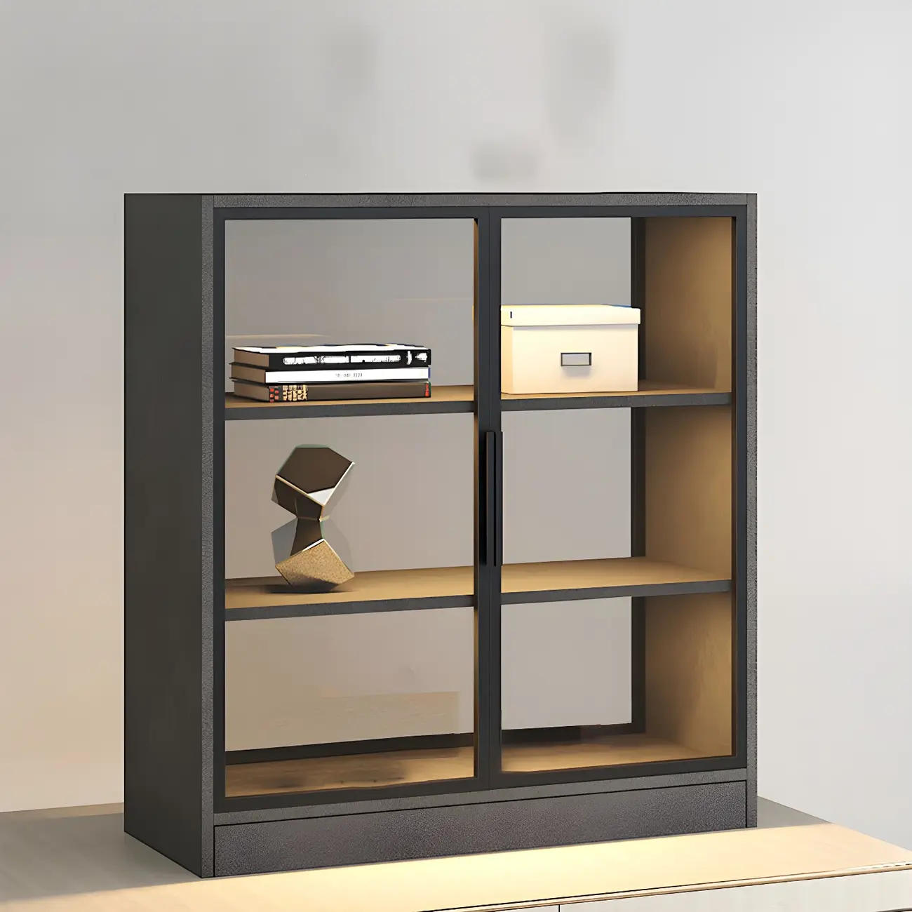 Square 2-Shelf Black Wooden Display Cabinet with Light