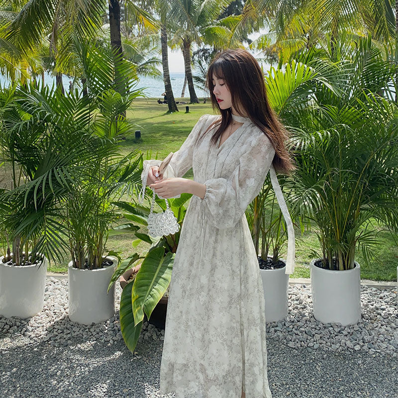 Hulianfu Summer Basic Long Dress Long Sleeve V-Neck Floral Printed Retro Vintage A-Line Women Dresses Chic Korea Fashion Vestidos - Deanwangkt