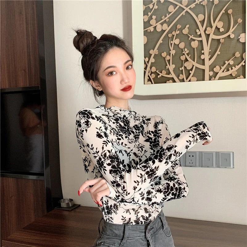 Hulianfu Girls Transparent Corduroy Printing Mesh T-Shirts Tees Female Turtleneck Full Sleeve Tshirt Tops For Women - Deanwangkt