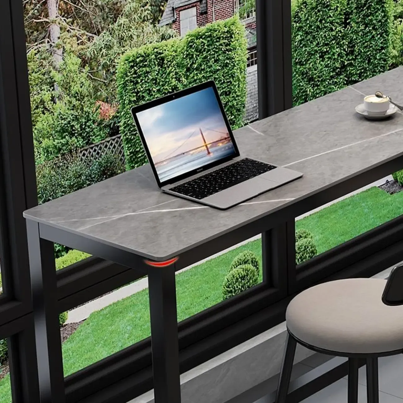 Modern Grey Stone Top Bar Height Table with Trestle Base