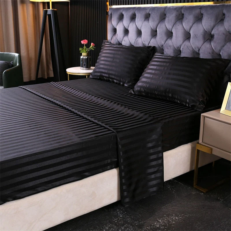 HULIANFU Luxury Jacquard Satin Stripe Silk Bed Sheet Set King Size High End Soft Smooth Queen Fitted Sheets with Elastic Band Bedsheet - Deanwangkt