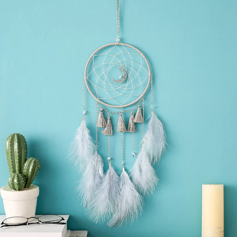 HULIANFU Original silver gray dream catcher 2 ring Indian feather hanging art gifts to bestie friends creative valentine's day gifts - Deanwangkt