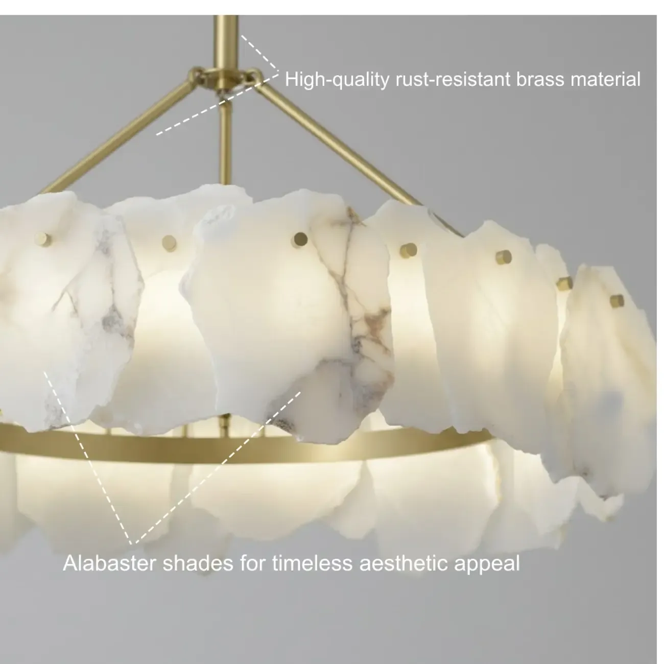 Brass Downrod Circular White Alabaster Chandelier