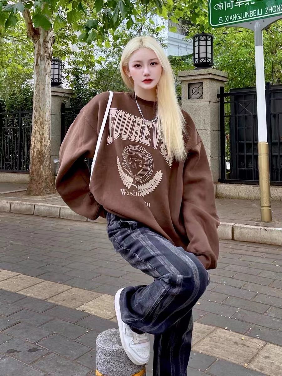 hulianfu Y2K Vintage Brown Sweatshirts Women Streetwear Egirl Aesthetic Letter Oversize Hoodies Harajuku Korean Style Female - Deanwangkt
