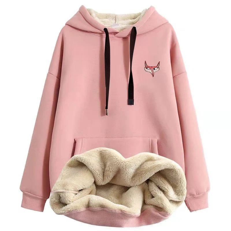 hulianfu Jacket women solid color hoodies autumn winter imitation lamb wool korean loose plus velvet thick zipper sweatshirt tops - Deanwangkt