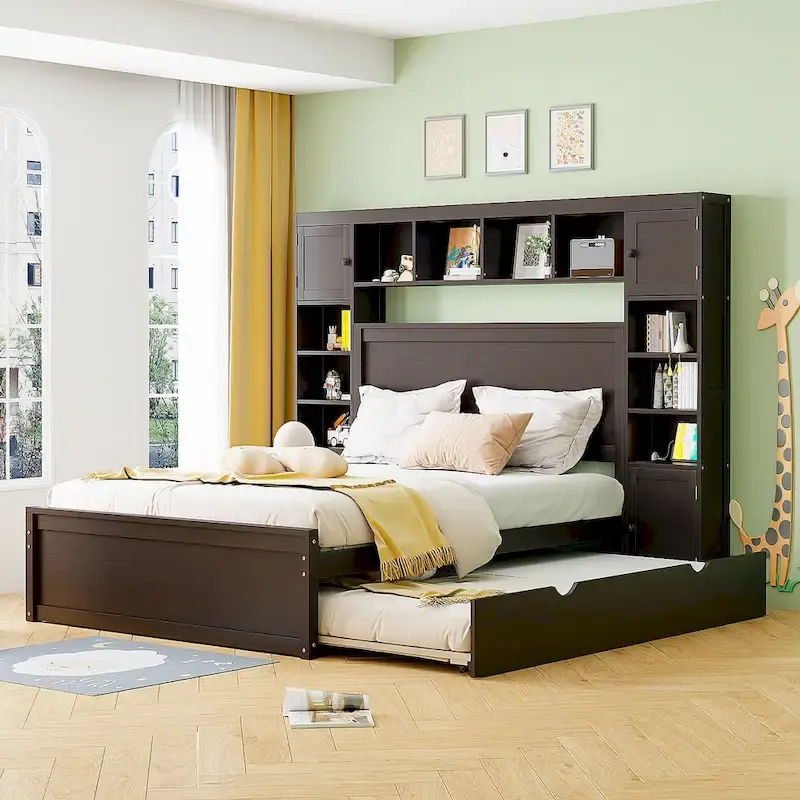 Modern Wooden Bed with Cabinet, Shelf, and Sockets