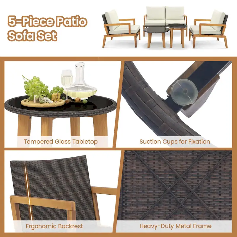 Costway 5 Piece Rattan Furniture Set Wicker Woven Sofa Set with Solid - See Details