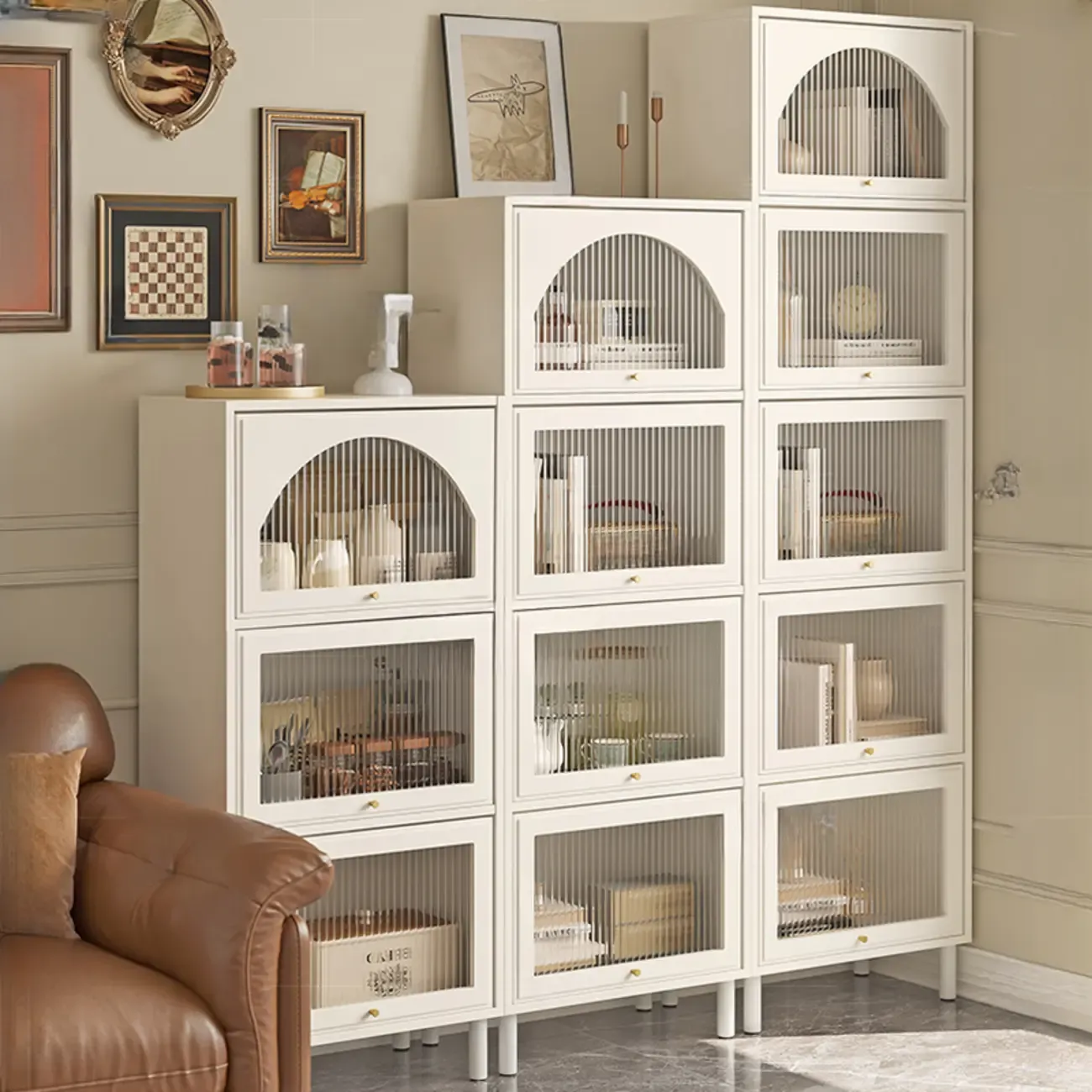 3-5 Shelves White Glass Display Cabinet with Flip Cover