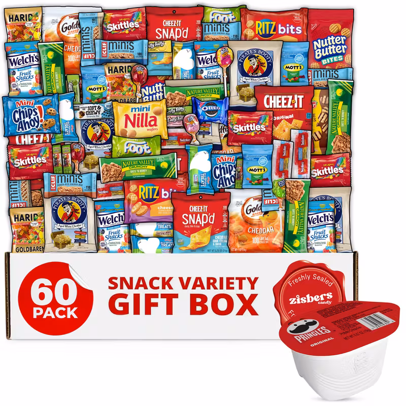 Variety Snack Box for Adults - 60 Count Care Package for Kids, College Students, and Office - Assorted Chips and Treats in a Beautiful Gift Box