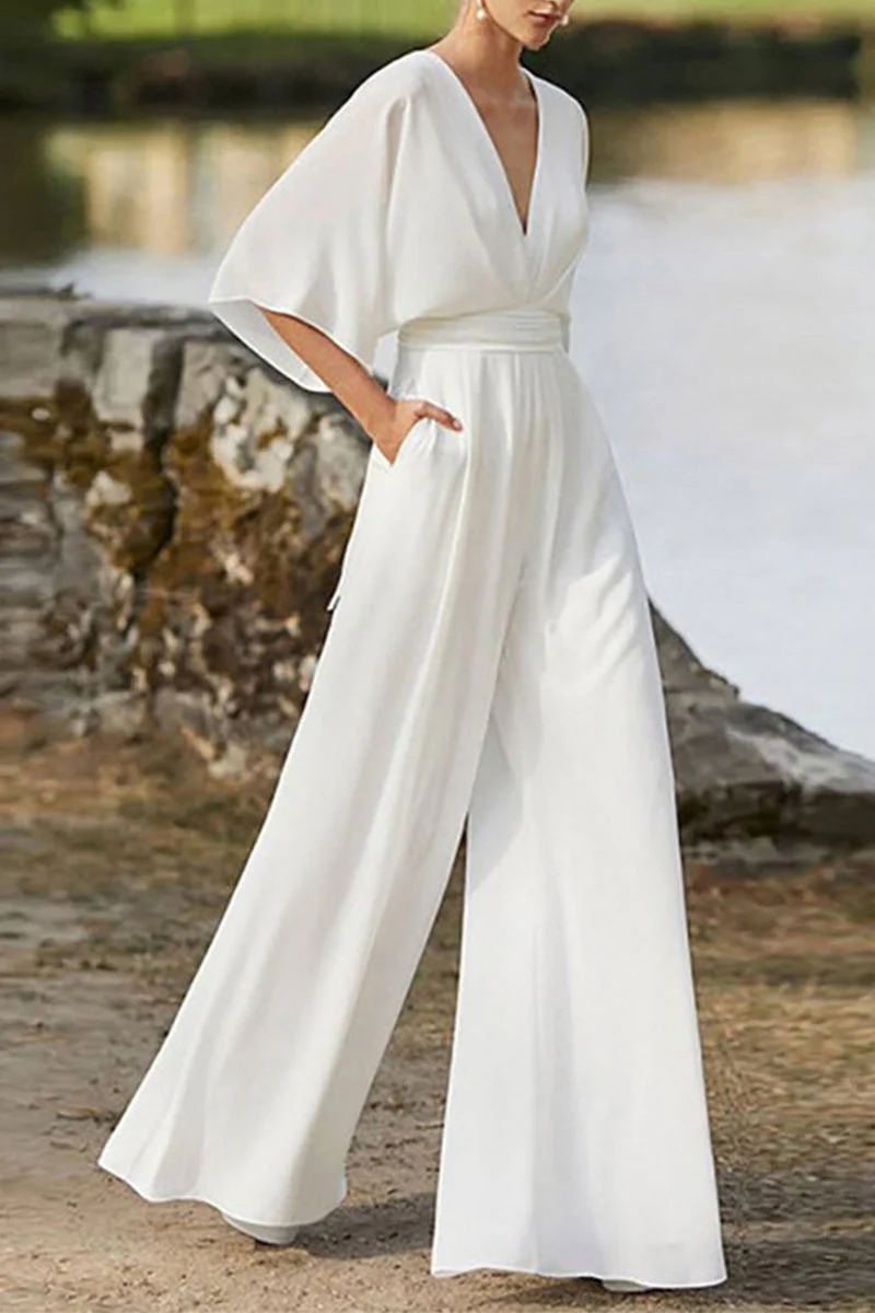 hulianfu Elegant Solid Color V Neck Boot Cut Jumpsuits(7 Colors) - Deanwangkt