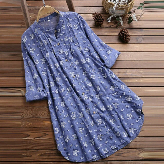 Plus Size Floral Print Blouse Women Summer V Neck Beach Dress Blouses Loose Swim Cover-up Tops Tunic Blouses Shirts Female Tees - Deanwangkt