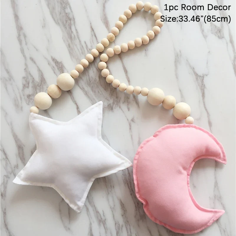 HULIANFU Nordic Boho Room Decor Double Star Moon Wooden Beads Cotton Hanging Wall Decoration Kawaii Kids Baby Bedroom Living Room Decor - Deanwangkt