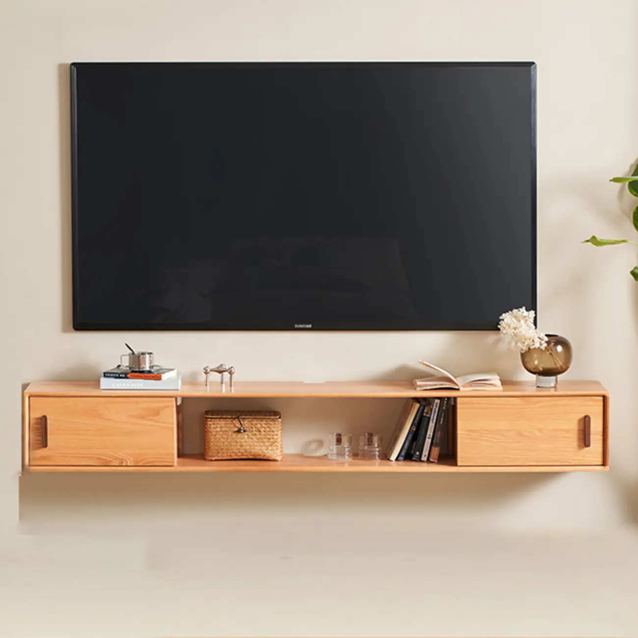 Natural Wood Wall Mount TV Stand Entertainment Center