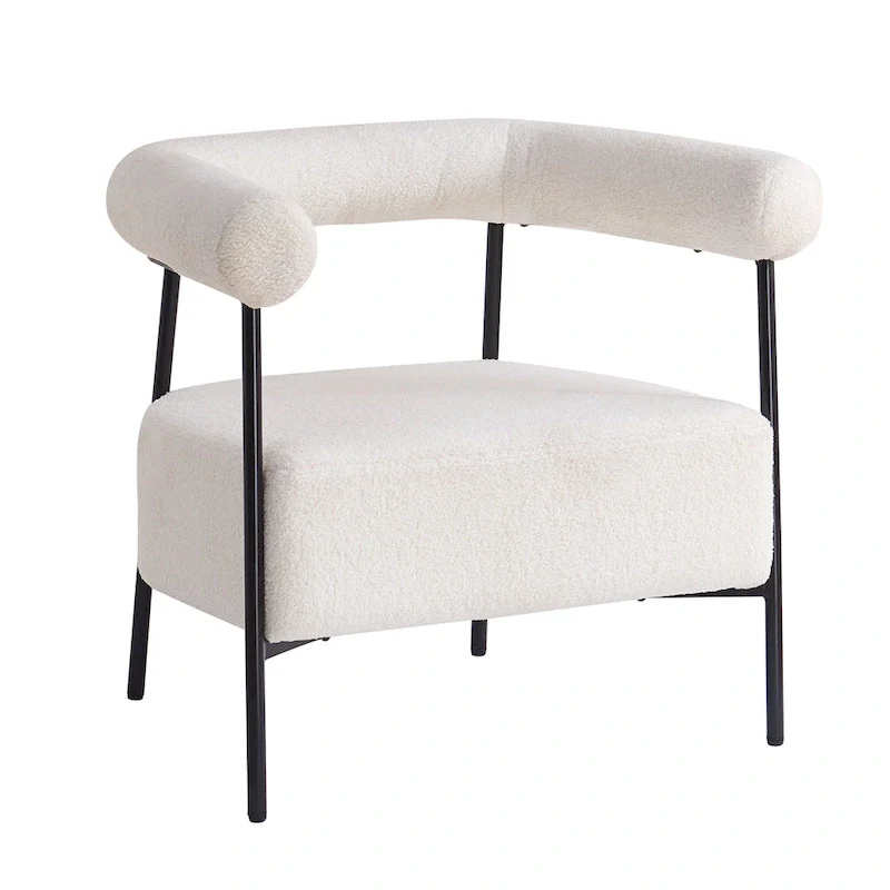 Modern Boucle Fabric Upholstered Accent Chair, Curved Armchair with Black Metal Frame