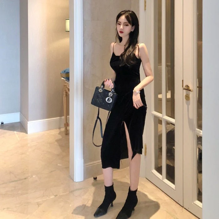 Hulianfu New Vintage Women Dress Spaghetti Strap Slit Velvet Black Dress Sexy Bodycon Bandage Dress Midi Party Dress Verano Vestidos - Deanwangkt