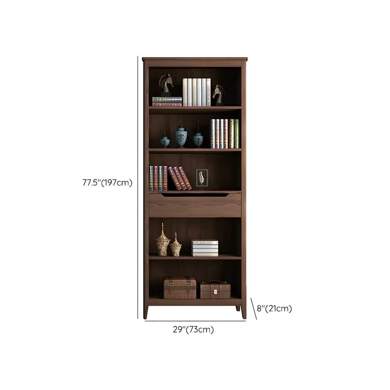 Modern Wooden Bookcase with Adjustable Shelves and Drawers