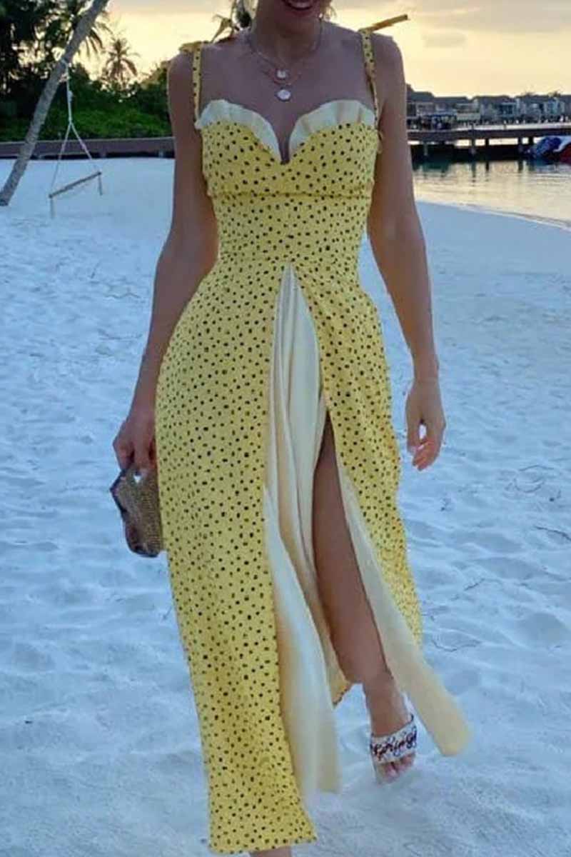 hulianfu Elegant Print Solid Patchwork Slit V Neck A Line Dresses - Deanwangkt