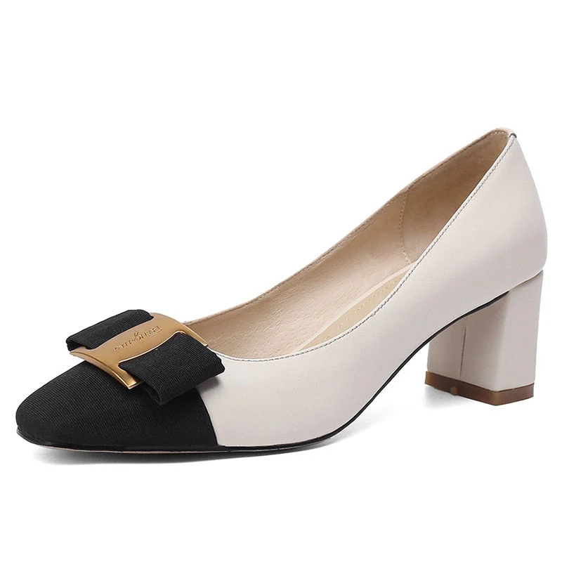 New Temperament Elegant Fashion High-heeled Shoes Women's Shoes Spring Bow Mid-heel Leather All-match Thick-heeled Shoes - Deanwangkt