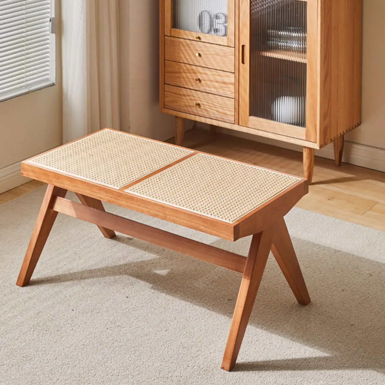 Elegant Rattan Top Finish Wooden Rectangular Cherry Benches