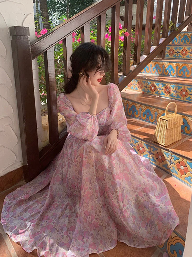 Hulianfu Vintage Long Sleeve One Piece Chiffon Dress for Women Fairy Elegnat French Floral Party Midi Dresses Evening Korean Summer - Deanwangkt