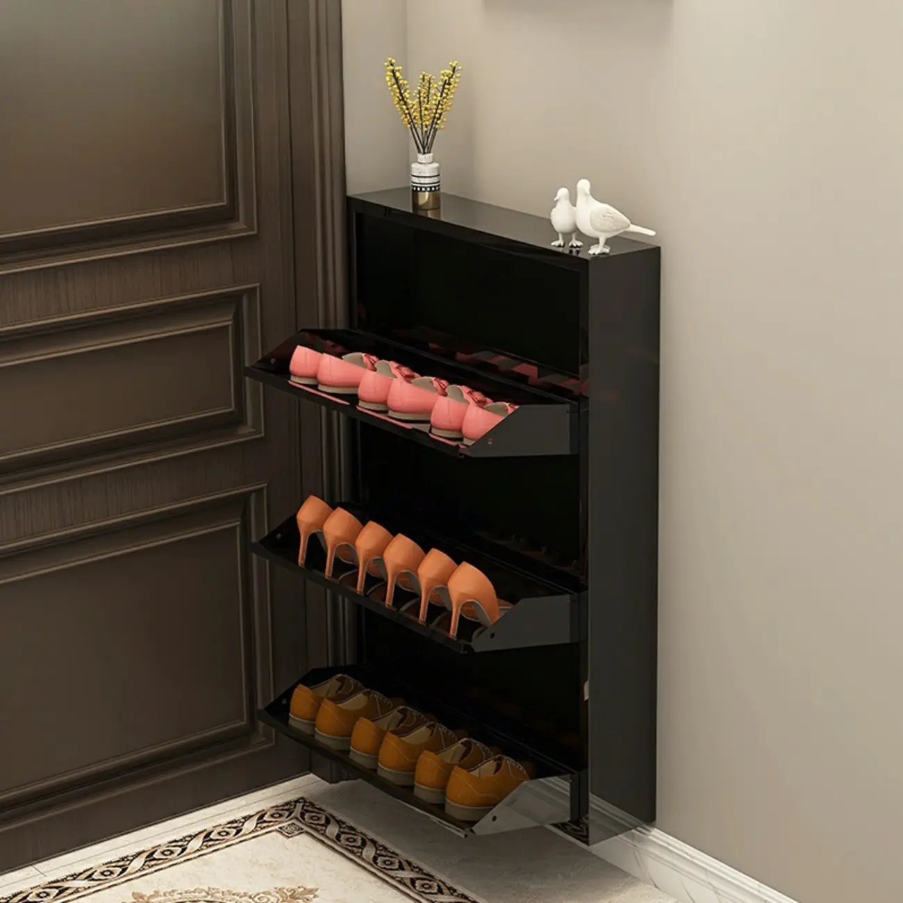 Gloss Black Wall Mounted Wooden Slim Drop Front Shoe Cabinet