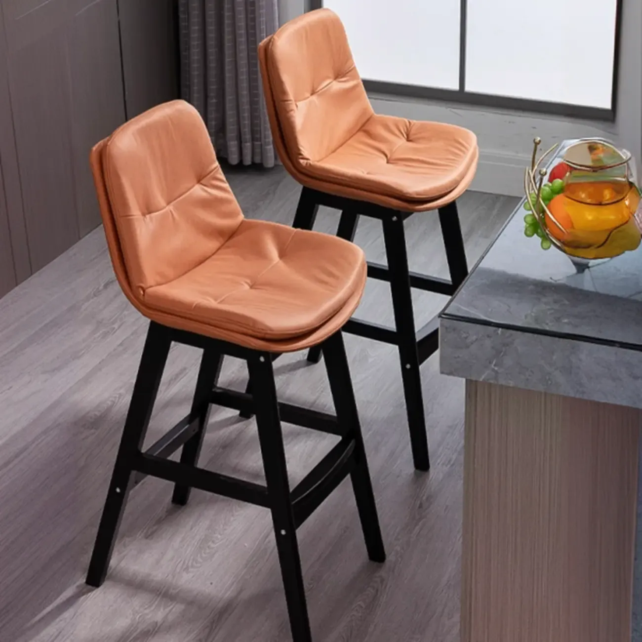 Scandinavian Wood Frame Leather Ergonomic Bucket Bar Stool