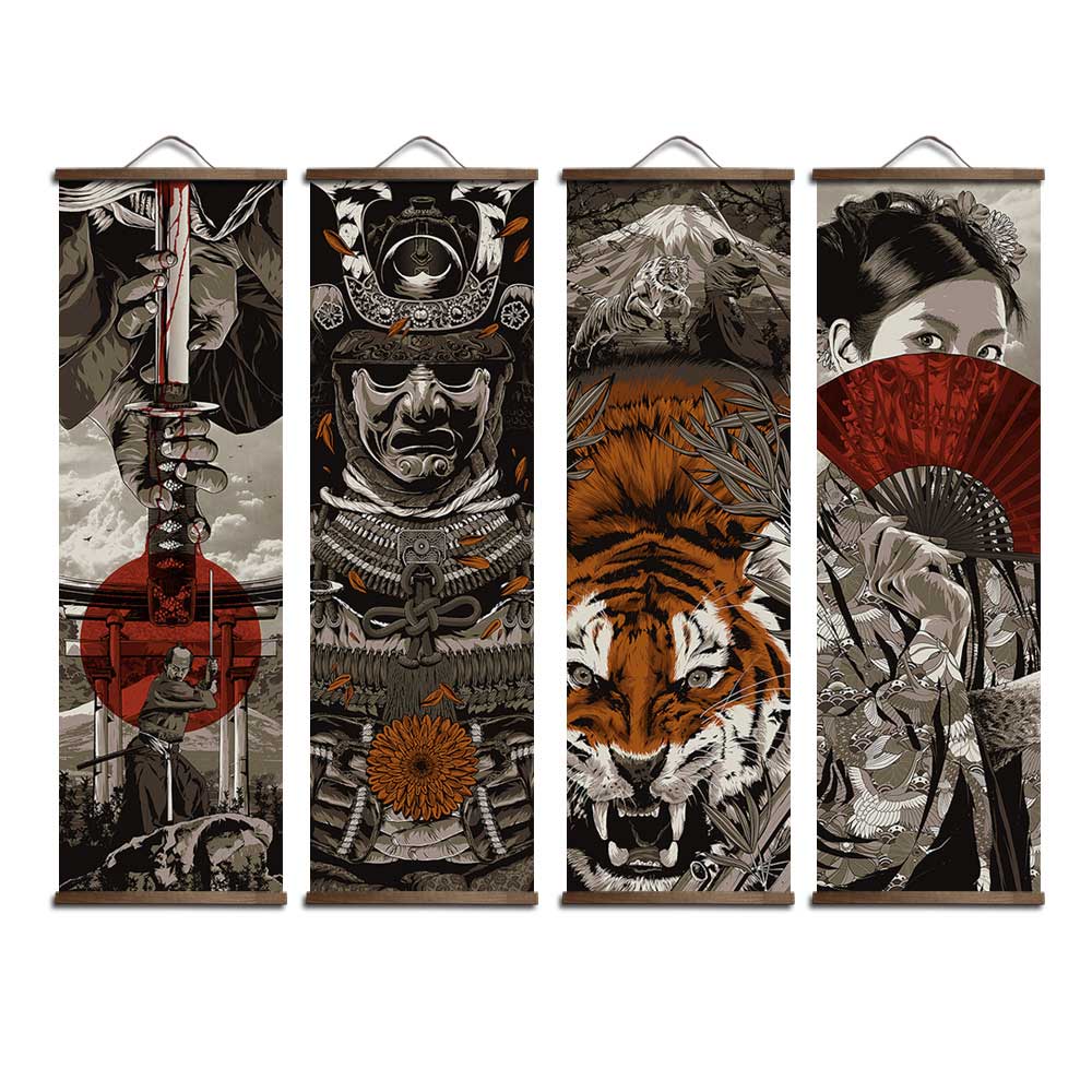 HULIANFU Japanese Samurai Ukiyoe Tiger Canvas Poster Pictures for Living Room Home Decor Painting Wall Art with Solid Wood Hanging Scroll - Deanwangkt