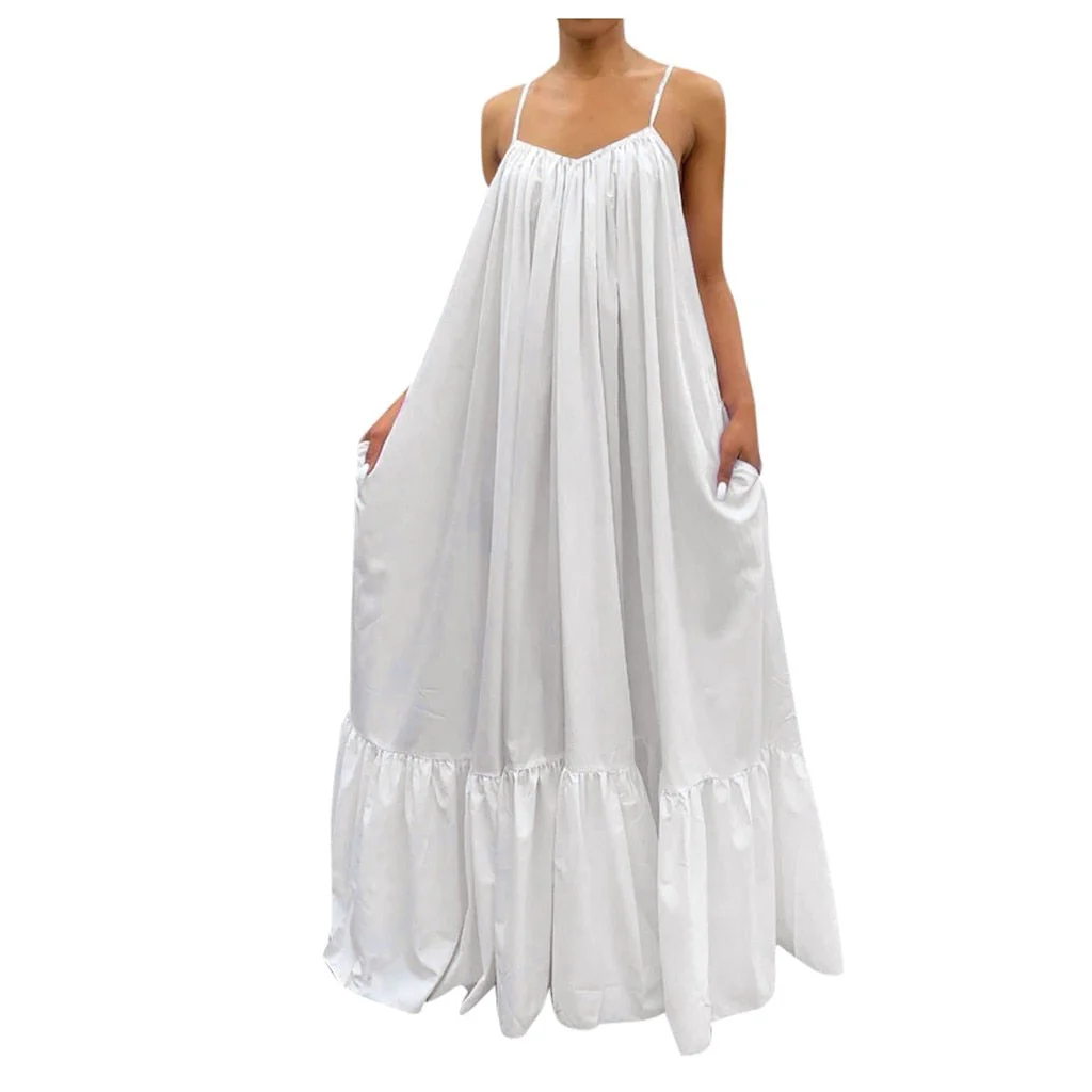 hulianfu Women Camisole Oversized Fashion Casual Solid Maxi Dresses Strap Dress Pocket Loose Backless Big Swing Solid Floor-length Robe - Deanwangkt