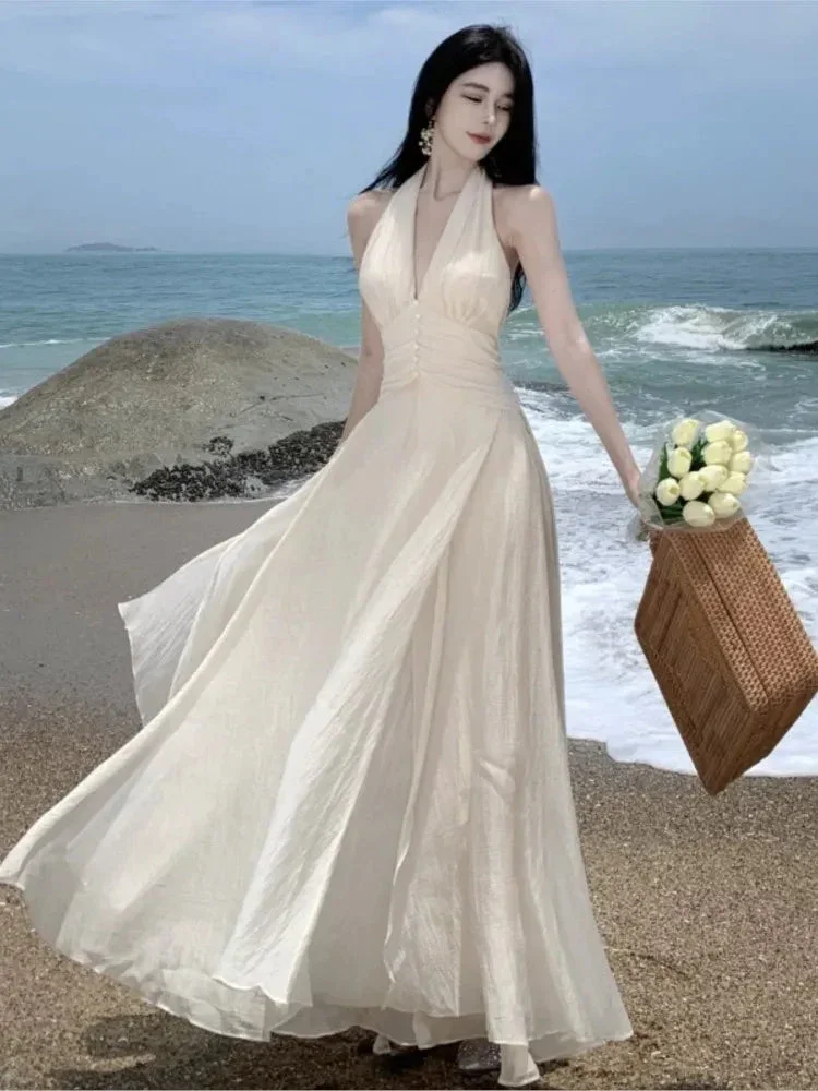 tight beach dresses Summer Sleeveless Halter Long White Maxi Dress Elegant Waist V-neck Dress Robes Du all-products-55% Vans - Skate Sk8-Hi size:US10 Style Tips Pair this