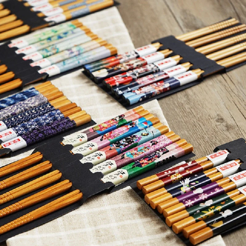 HULIANFU Reusable 5 Pair Set Handmade Bamboo Japanese Natural Wood Chopsticks Sushi Food Cat Flower Multi color Wooden Chop sticks - Deanwangkt