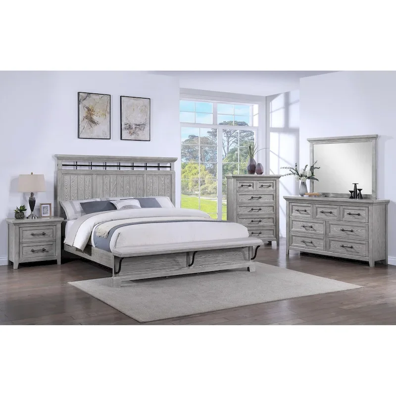 Debra 6 Piece Gray Panel Bench Footboard Bedroom Set