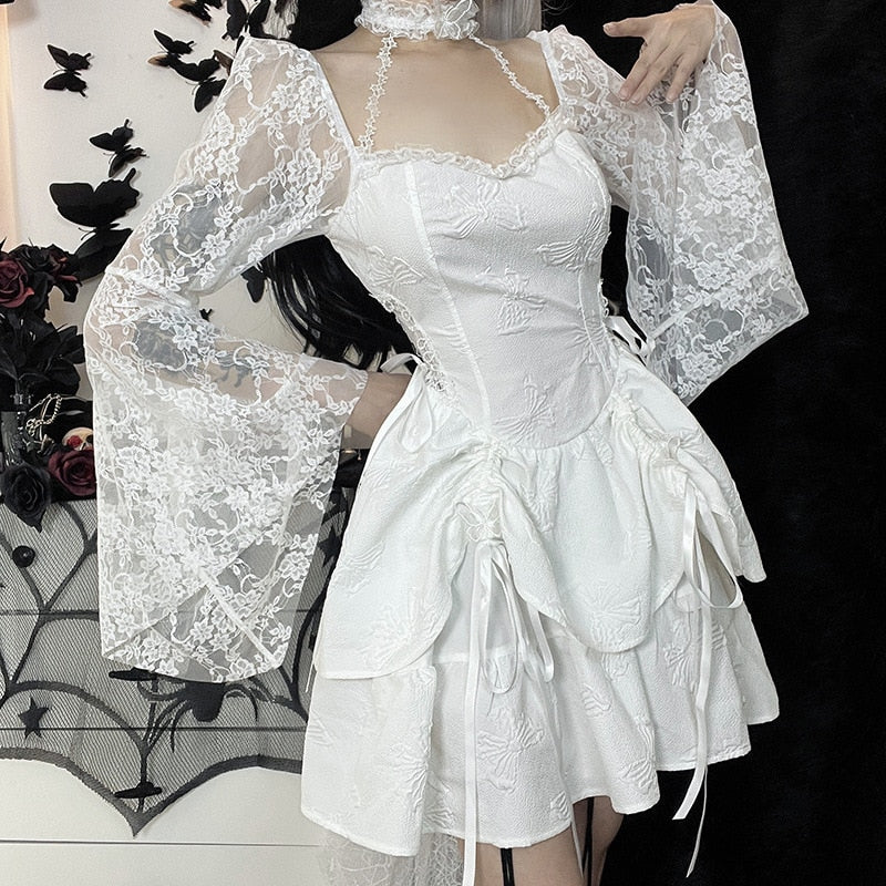Halter Halloween Cosplay Costumes Gothic Lolita Party Dress White Black Flare Sleeve Fairy Princess Ruffle Cake Kawaii Dresses - Deanwangkt