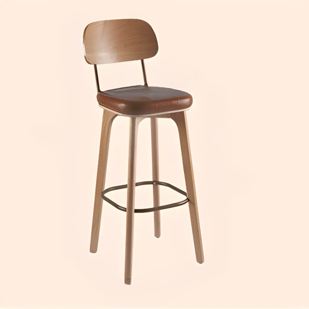 Mid-Century Modern Leather Square Bar Height Stools with Backs