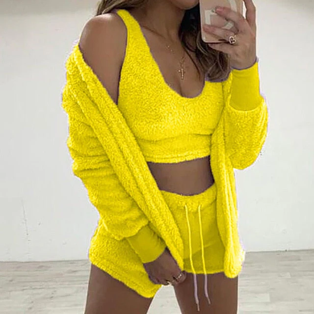 Three Piece Sexy Fluffy Outfits Plush Velvet Hooded Cardigan Coat+Shorts+Crop Top Women Tracksuit Sets Casual Sports Sweatshirt - Deanwangkt