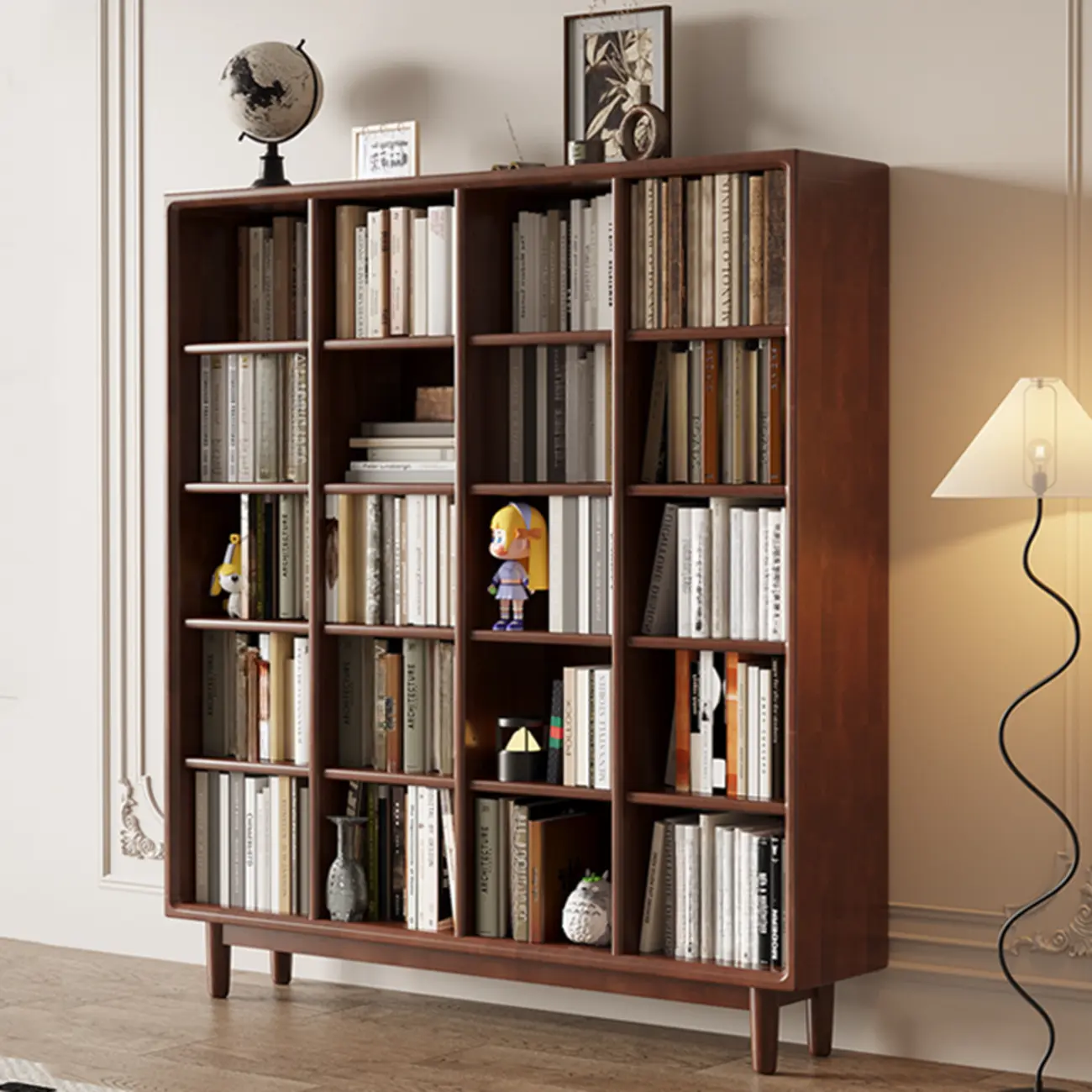 Mid Century Modern Oak Wood Closed Back Standing Bookcase