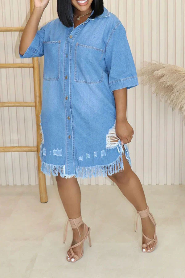 Ripped Denim Relaxed Pocket Button Midi Dress - Deanwangkt