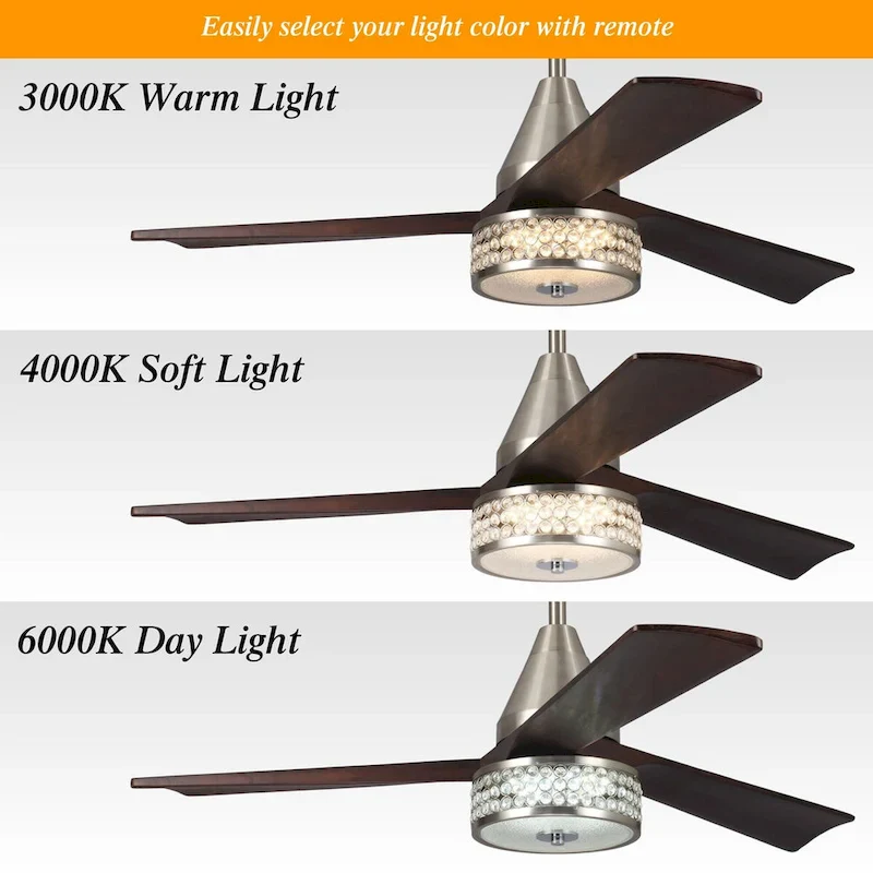52  Walnut Wood 3-Blade Crystal LED Ceiling Fan with Remote
