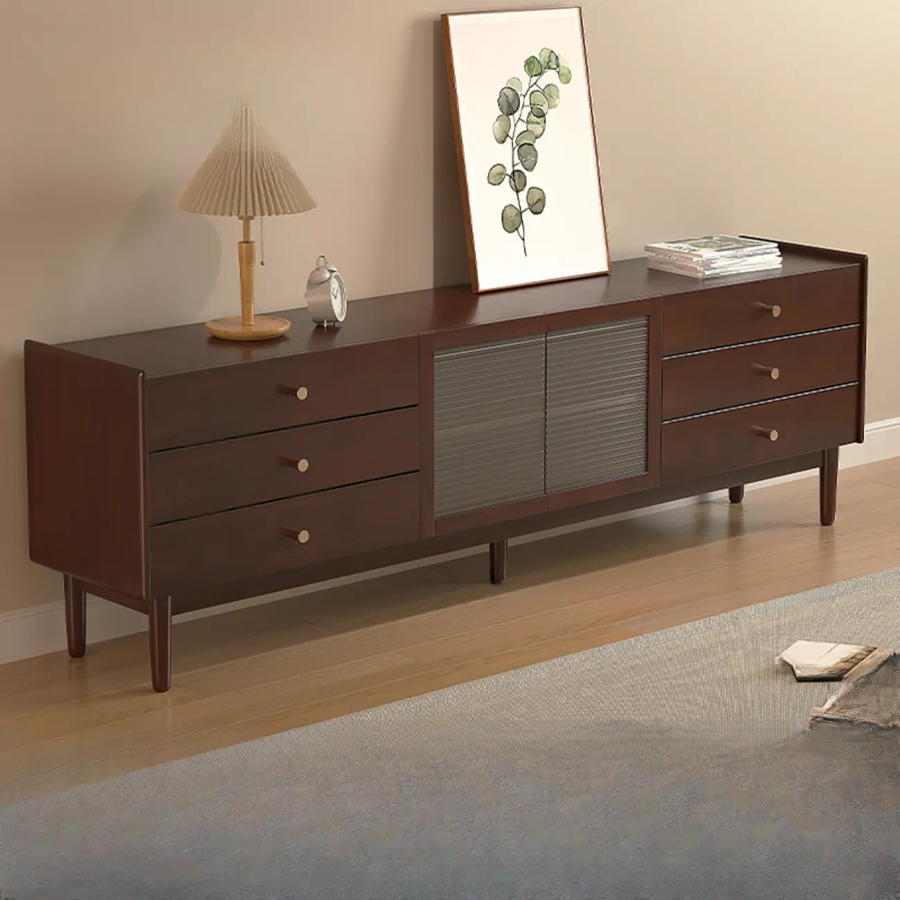 71 Rectangle Cherry Wood TV Stand with Cabinet & Drawers