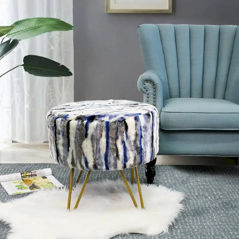 Home Soft Things Multi Jacquard Fauxfur Round Ottoman