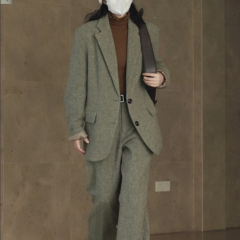 Hulianfu Fall Winter Women's Casual Coat Solid Color Single Breasted Pocket Decorative Loose Wool Blazer Jacket - Deanwangkt